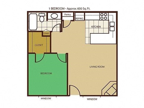 Floor plan for 1 bed, 1 bath, 600 sqft